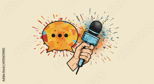 Hand Holding Microphone with Speech Bubble, symbolizing voice and communication