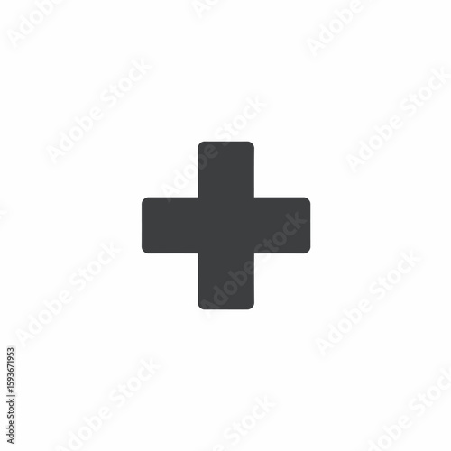 Simple dark gray plus sign centered on a white background, symbolizing addition, positivity, or medical assistance.