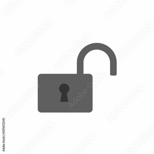 A gray, stylized illustration of an unlocked padlock with the shackle raised, set against a plain white background.
