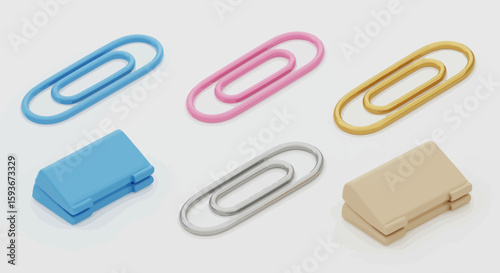 Colorful paper clips and dispensers arranged on a white surface creating a vibrant background