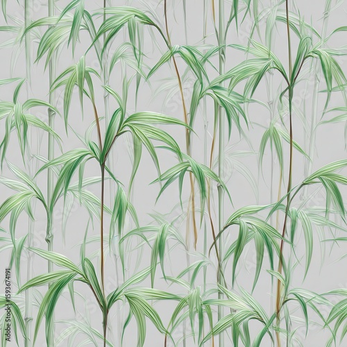 Light gray background with many light green and white bamboo stalks and leaves