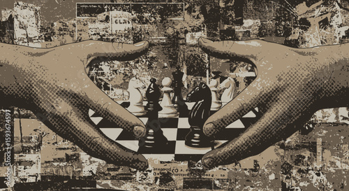 Abstract strategy: Hands framing a chessboard in a conceptual art style