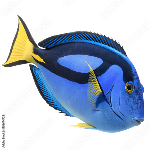 Vibrant blue tang fish isolated on transparent background