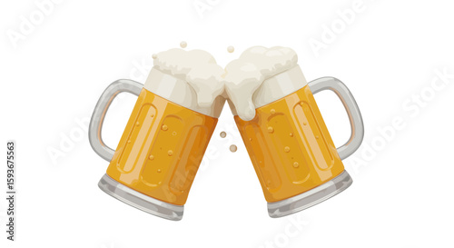 Two cartoon beer glasses clinking together, celebrating with frothy beverage cheers