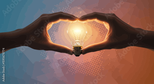 Hands creating a heart shape around a light bulb, representing innovation and inspiration