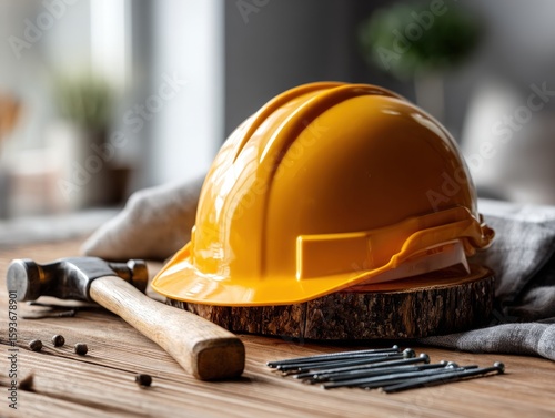 Yellow hard hat and tools on a wooden surface.