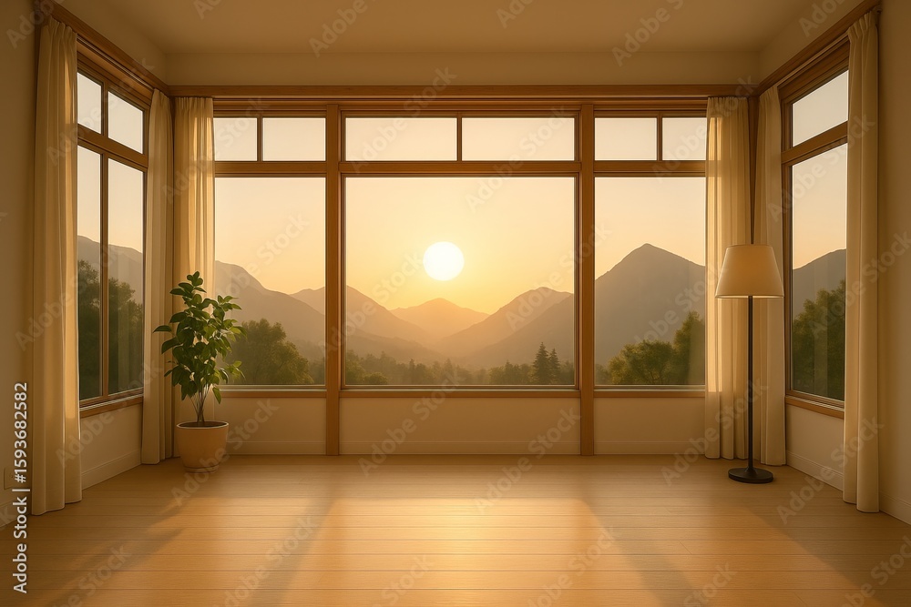 Fototapeta premium Cozy Glass Room at Sunrise with Mountain View and Soft Lighting