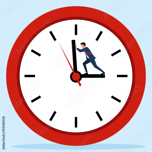 Illustration of a businessman pushing against a clock hand, symbolizing struggle with time management and resisting deadlines.