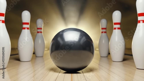 Close-Up of Super Black Bowling Ball Rolling Toward Spotlight on the Lane

