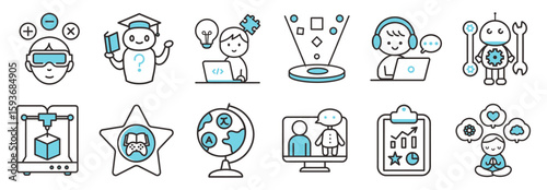 A set of line icons with blue accents illustrating modern technology, education, AI, virtual reality, 3D printing, global communication, and personal development concepts.