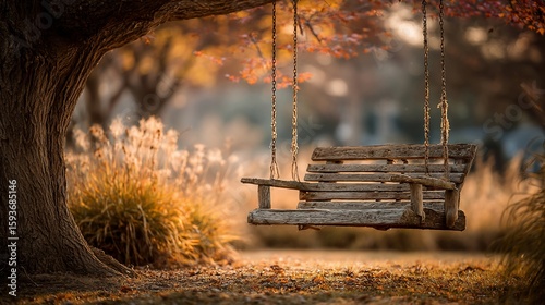 Rustic wooden swing in autumnal garden
