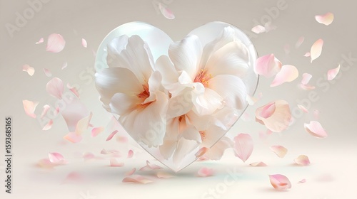 Delicate heart-shaped glass enclosure filled with soft white flowers, surrounded by floating pink petals