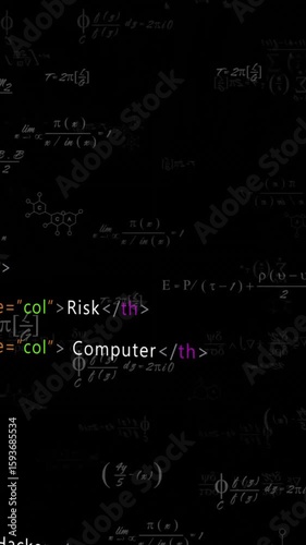 Animation of computer code, chemical formulas, and math equations on dark background