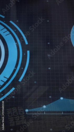 Animation of futuristic digital interface with circular graphics and data charts