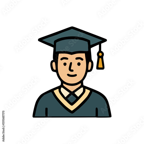 Graduation icon of young man in ceremonial outfit and cap, representing education success and academic achievement