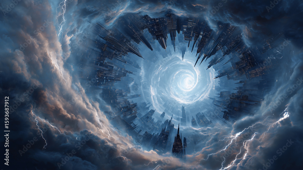 Fototapeta premium Surreal Floating Hollow City Surrounded by Auroras and Lightning