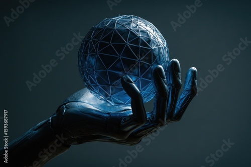Metallic Hand Holding Glowing Sphere in a Network Design Concept
