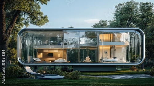 Modern, glass-fronted home nestled in trees