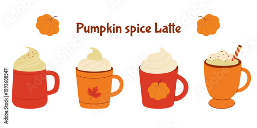 PrintPumpkin Spice Latte Vector Set. Autumn Coffee Mugs with Whipped Cream