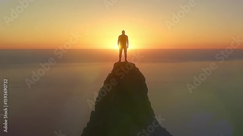 Man standing on rocky mountain peak gazing at glowing horizon sunset view

