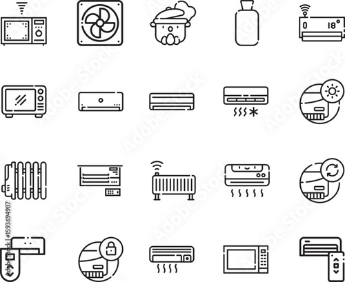 Heating lineal icon set. Editable vector of remote control, air conditioner, microwave, automated, heater, fan, pan, hot water bottle, radiator, conditioning, heating, house, cooking icons
