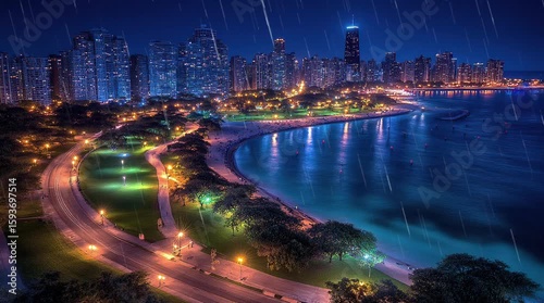 Glowing city skyline reflects on beach water during calm peaceful night

