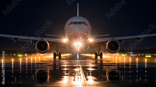 Boeing 737 airplane at night runway with head lights taking off ready for flight