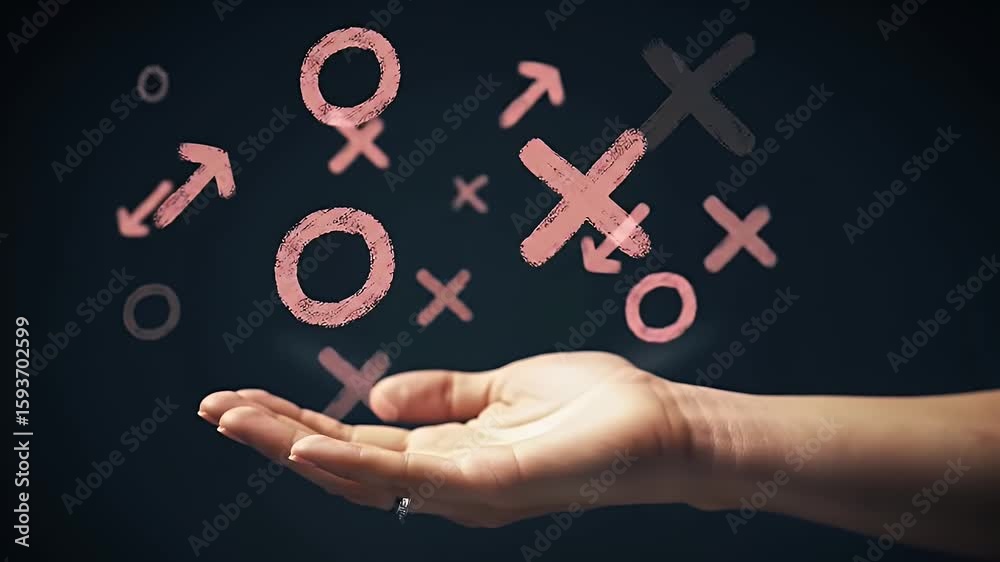Hand Presenting Tic Tac Toe Strategy with Pink Chalk Marks on Dark Background Showcasing Conceptual Business Decision Making and Planning