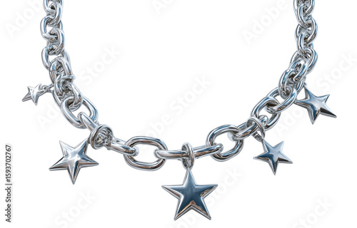Silver chain necklace adorned with star shaped charms, showcasing modern and stylish design. This piece is perfect for adding touch of elegance to any outfit
