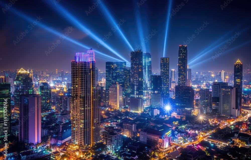 Obraz premium Night cityscape, illuminated by laser beams