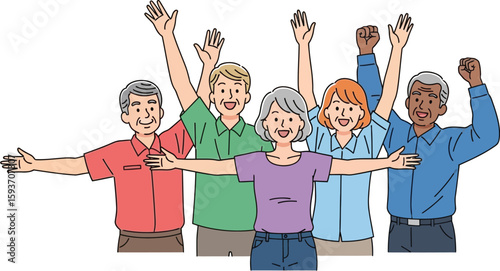 Group of seniors with arms raised in celebration on a white background