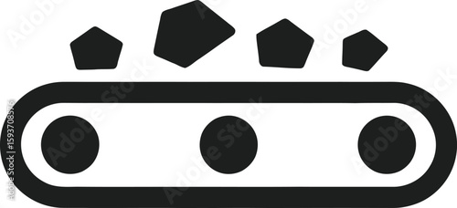 A black and white illustration depicting a conveyor belt transporting various geometric shapes.