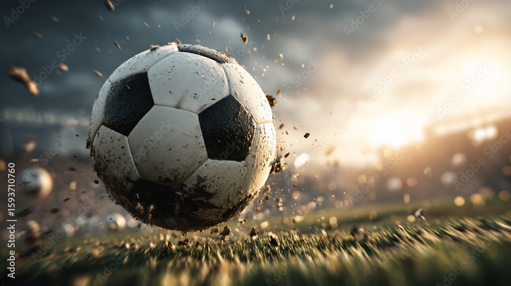 Naklejka premium Soccer ball in mid-air, covered in mud