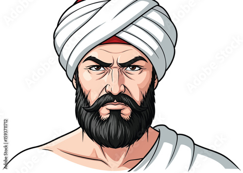 Cartoon man with turban and beard looking forward with serious face