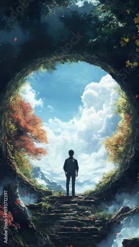 A man standing in the middle of a forest looking out into the sky