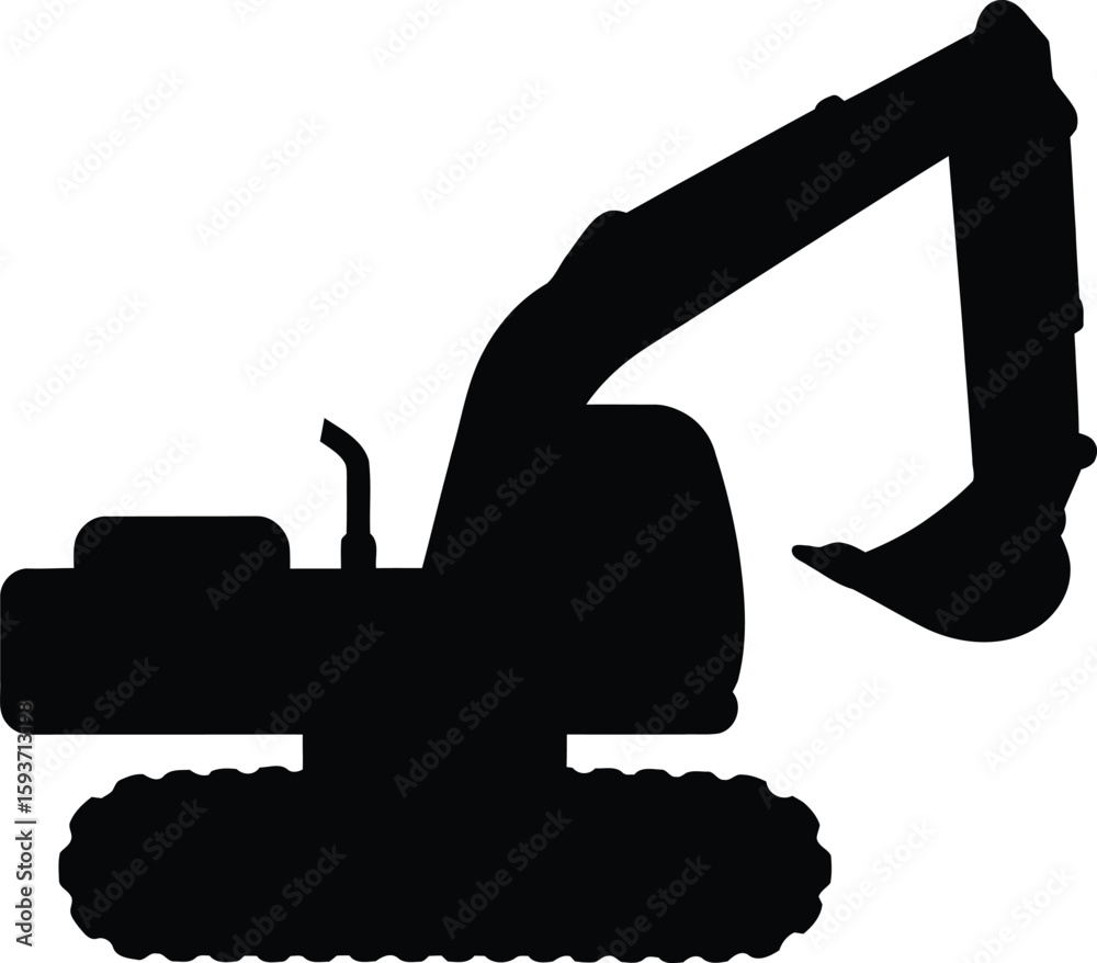 Obraz premium Silhouette of a heavy construction excavator with a raised arm and bucket, isolated on a white background.