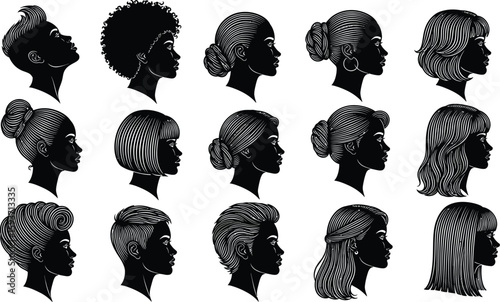 Collection of woman hairstyles in black silhouette on light green