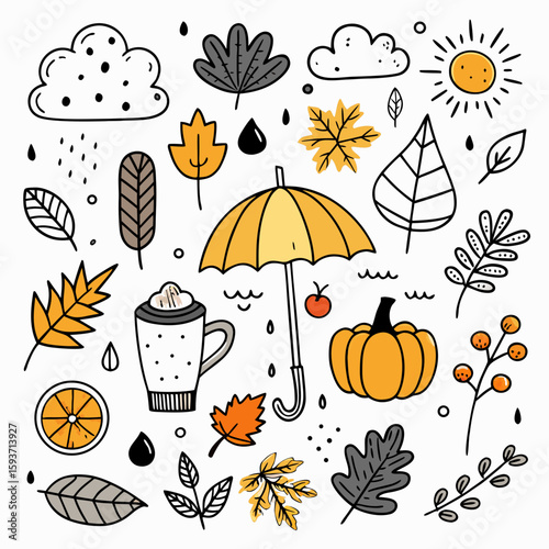 Cozy autumn vibes with leaves umbrella and pumpkin