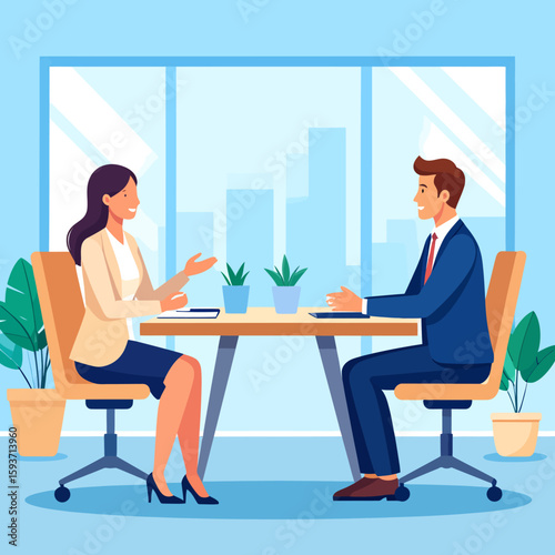 Business professionals engaged in a meeting, discussing project details across a table in a modern office.