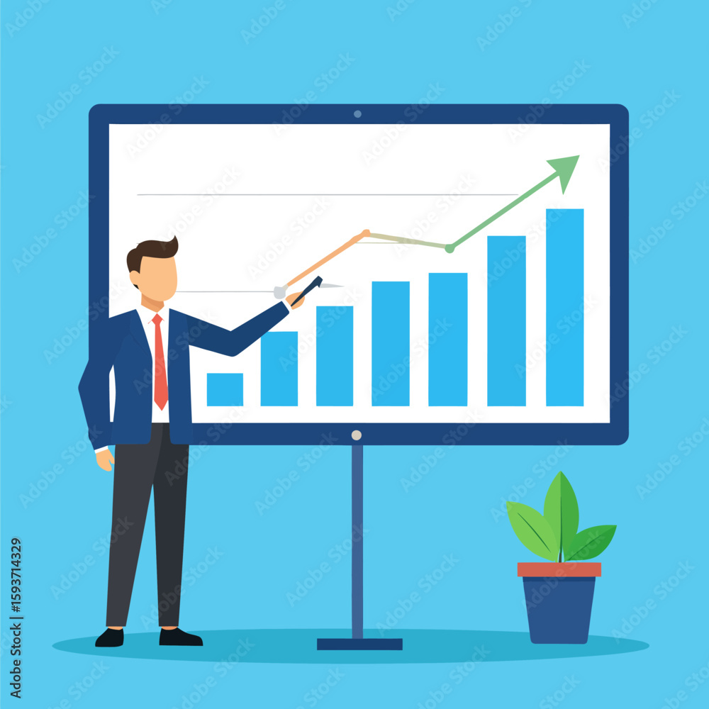 Businessman presenting upward trending graph, showcasing successful growth and positive financial results. Businessman presenting upward trending graph, showcasing successful growth and positive financial results.