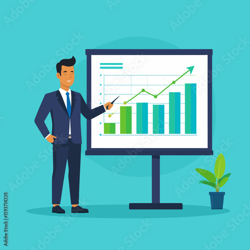 Businessman presenting positive growth chart during a presentation.