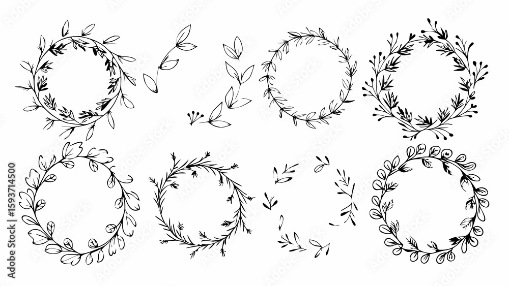 Obraz premium Collection of hand drawn floral wreaths and botanical elements