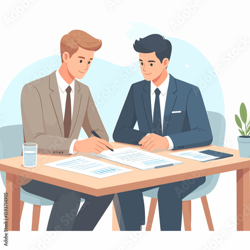 Two businessmen in suits review documents at a table, one pointing with a pen, in a bright, professional setting.