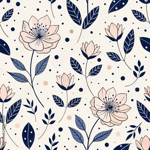 Wallpaper Mural Delicate pink flowers and navy blue leaves seamless pattern Torontodigital.ca