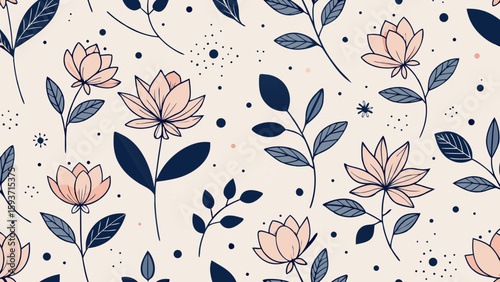 Wallpaper Mural Delicate floral pattern with pink flowers and blue leaves Torontodigital.ca