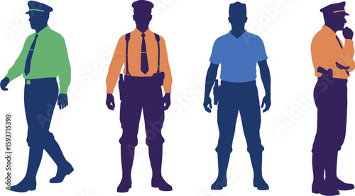 Four police officers in different uniforms standing on a white background