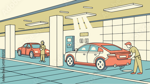 Car wash attendant attending to a vehicle in a modern car wash bay