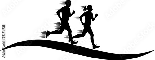 Running man and woman, isolated vector silhouettes. Run, side view. Silhouettes of athletic looking male and female runners running. EPS version.