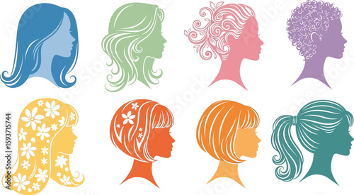 Colorful silhouettes of women with different hairstyles and flowers