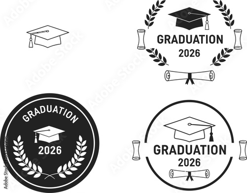 Graduation badges with caps and laurel wreaths on a light blue background